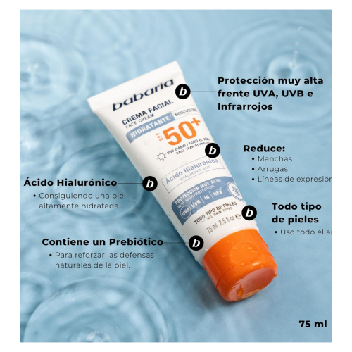 Babaria - Crème solaire visage hydratante SPF50+ - Acide hyaluronique