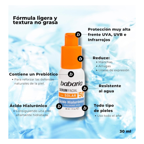 Babaria - Sérum visage éclaircissant SPF 50+ - Acide hyaluronique
