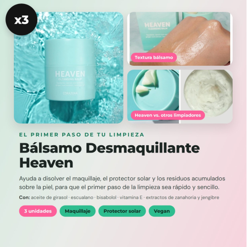 CORAZONA - Pack de 3 Baumes Démaquillants Heaven avec Disque Cadeau Réutilisable pour Nettoyage Facial Vegan et Cruelty Free