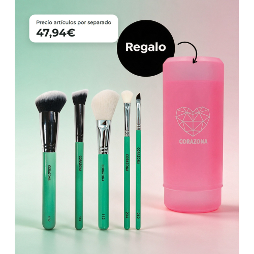CORAZONA Pack Brochas Essential avec 5 Outils de Maquillage et Cadeau Cubilete Végans et Cruelty Free