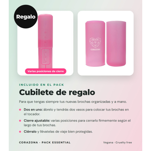 CORAZONA Pack Brochas Essential avec 5 Outils de Maquillage et Cadeau Cubilete Végans et Cruelty Free