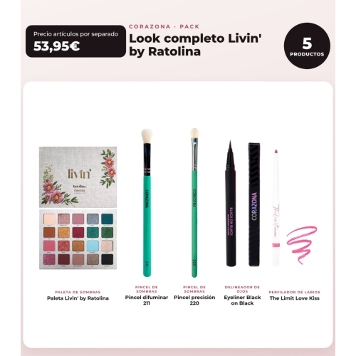 CORAZONA - Pack Look Completo Livin' by Ratolina - Palette de Fards à Paupières + 2 Pinceaux + Eyeliner + Crayon à Lèvres