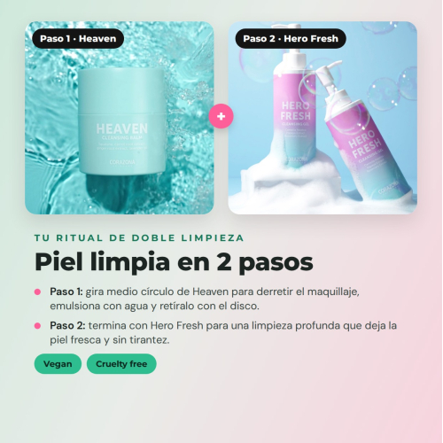 CORAZONA Pack Soins de la Peau Double Nettoyage - Baume Heaven, Gel Hero Fresh et Disque Réutilisable pour Peau Propre et Fraîche