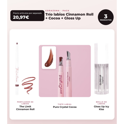 CORAZONA - Pack Trío Labios avec The Limit Cinnamon Roll, Pure Crystal Cocoa et Gloss Up Icy Kiss