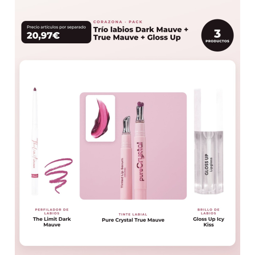 CORAZONA - Pack Trío Labios avec The Limit Dark Mauve, Pure Crystal True Mauve et Gloss Up Icy Kiss