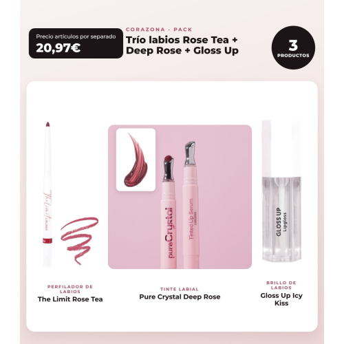 CORAZONA - Pack Trío Labios avec The Limit Rose Tea, Pure Crystal Deep Rose et Gloss Up Icy Kiss