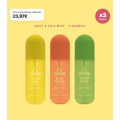 Dr. PAWPAW - Pack de 3 Brumes Parfumées pour Cheveux et Corps Tropical Haze, Beach Paradise et Summer Breeze