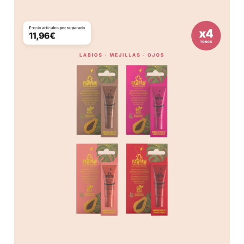 Dr. PAWPAW - Pack de 4 Bálsamos Labiales Multifunción avec Color Ultimate Red, Rich Mocha, Hot Pink et Peach Pink pour les Lèvres, les Joues et les Yeux