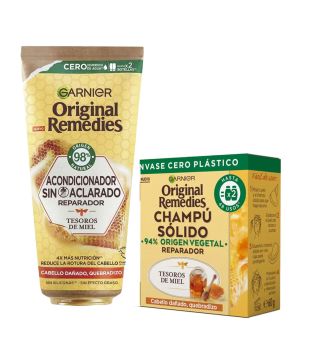 Garnier - Pack Après-shampooing sans rinçage + Shampoing solide Trésors de Miel Original Remedies - Cheveux abîmés, cassants