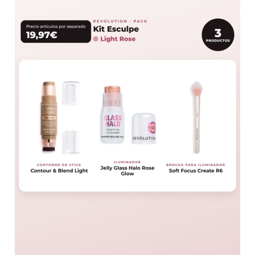 Makeup Revolution - Set de Contour en stick Reloaded Contour & Blend - Light + Iluminador Jelly Glass Halo - Rose Glow + Brocha pour illuminador Soft Focus Create - R6
