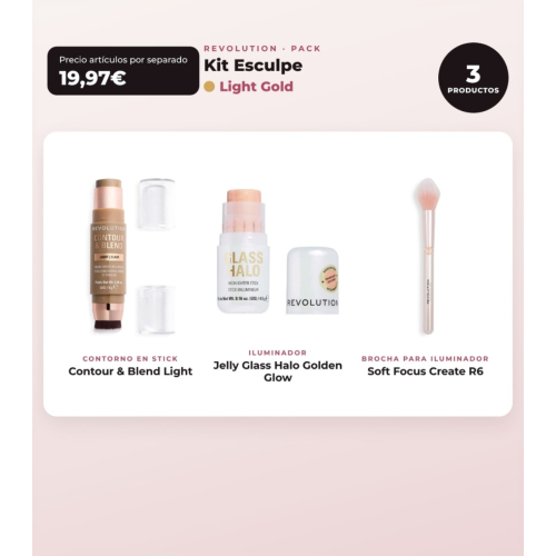 Makeup Revolution - Set de Contour en stick Reloaded Contour & Blend - Light + Iluminador Jelly Glass Halo - Golden Glow + Brocha pour illuminador Soft Focus Create - R6