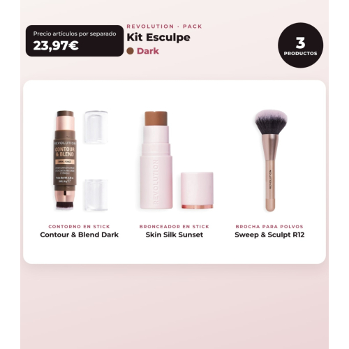 Makeup Revolution - Set de Contorno en stick Reloaded Contour & Blend - Dark + Bronceador en stick Skin Silk - Sunset + Brocha pour poudres Sweep & Sculpt - R12