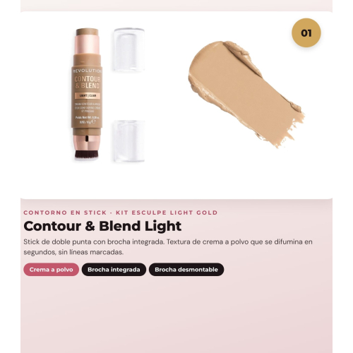 Makeup Revolution - Set de Contour en stick Reloaded Contour & Blend - Light + Iluminador Jelly Glass Halo - Golden Glow + Brocha pour illuminador Soft Focus Create - R6