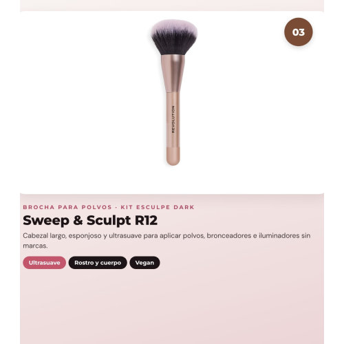 Makeup Revolution - Set de Contorno en stick Reloaded Contour & Blend - Dark + Bronceador en stick Skin Silk - Sunset + Brocha pour poudres Sweep & Sculpt - R12