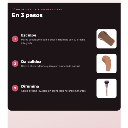 Makeup Revolution - Set de Contorno en stick Reloaded Contour & Blend - Dark + Bronceador en stick Skin Silk - Sunset + Brocha pour poudres Sweep & Sculpt - R12