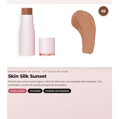 Makeup Revolution - Set de Contorno en stick Reloaded Contour & Blend - Dark + Bronceador en stick Skin Silk - Sunset + Brocha pour poudres Sweep & Sculpt - R12