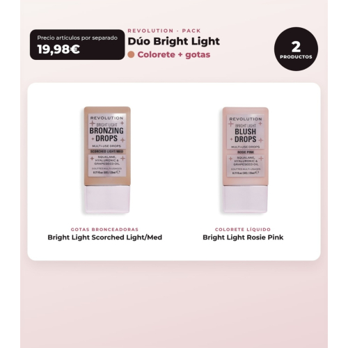 Makeup Revolution - Set de Gotas bronzantes Bright Light - Scorched Light/ Med + Colorete liquide Bright Light - Rosie Pink