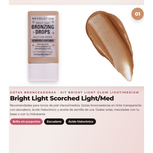 Makeup Revolution - Set de Gotas bronzantes Bright Light - Scorched Light/ Med + Colorete liquide Bright Light - Rosie Pink + Base multiusages Bright Light Face Glow - Gleam Light
