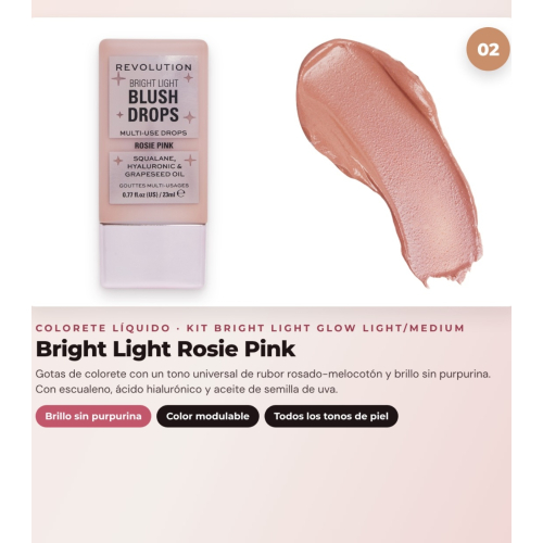 Makeup Revolution - Set de Gotas bronzantes Bright Light - Scorched Light/ Med + Colorete liquide Bright Light - Rosie Pink + Base multiusages Bright Light Face Glow - Gleam Light