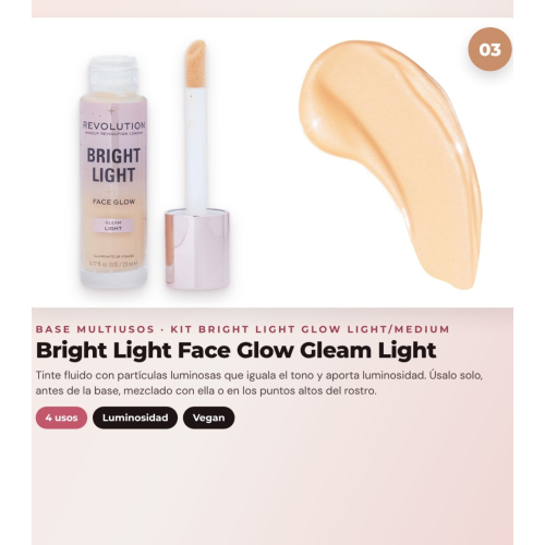 Makeup Revolution - Set de Gotas bronzantes Bright Light - Scorched Light/ Med + Colorete liquide Bright Light - Rosie Pink + Base multiusages Bright Light Face Glow - Gleam Light