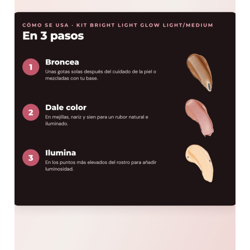 Makeup Revolution - Set de Gotas bronzantes Bright Light - Scorched Light/ Med + Colorete liquide Bright Light - Rosie Pink + Base multiusages Bright Light Face Glow - Gleam Light