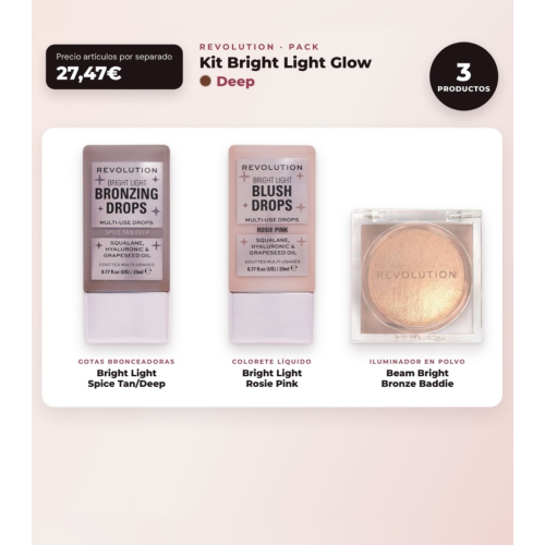 Makeup Revolution - Set de Gotas bronzantes Bright Light - Spice Tan/Deep + Colorete liquide Bright Light - Rosie Pink + Illuminant en poudre Beam Bright - Bronze Baddie