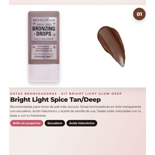 Makeup Revolution - Set de Gotas bronzantes Bright Light - Spice Tan/Deep + Colorete liquide Bright Light - Rosie Pink + Illuminant en poudre Beam Bright - Bronze Baddie