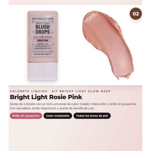 Makeup Revolution - Set de Gotas bronzantes Bright Light - Spice Tan/Deep + Colorete liquide Bright Light - Rosie Pink + Illuminant en poudre Beam Bright - Bronze Baddie
