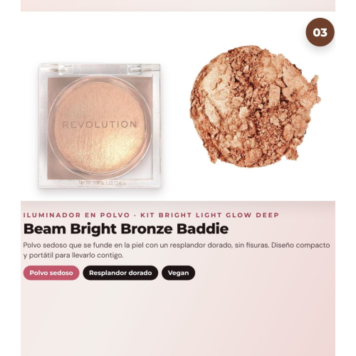 Makeup Revolution - Set de Gotas bronzantes Bright Light - Spice Tan/Deep + Colorete liquide Bright Light - Rosie Pink + Illuminant en poudre Beam Bright - Bronze Baddie