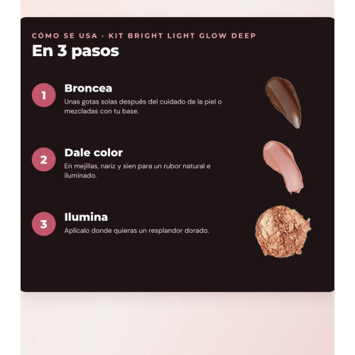 Makeup Revolution - Set de Gotas bronzantes Bright Light - Spice Tan/Deep + Colorete liquide Bright Light - Rosie Pink + Illuminant en poudre Beam Bright - Bronze Baddie
