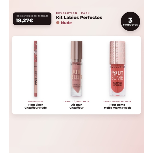 Makeup Revolution - Set de Profilage des lèvres Pout Liner - Chauffeur Nude + Rouge à lèvres liquide mat Air Blur - Chauffeur + Gloss volumisant Pout Bomb - Melba Warm Peach