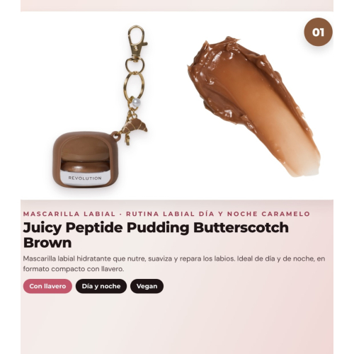 Makeup Revolution - Set de Mascarilla labial Juicy Peptide Pudding - Butterscotch Brown + Bálsamo labial Juicy Peptide - Latte + Aceite pour lèvres Glaze Oil - Lust Clear