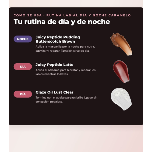Makeup Revolution - Set de Mascarilla labial Juicy Peptide Pudding - Butterscotch Brown + Bálsamo labial Juicy Peptide - Latte + Aceite pour lèvres Glaze Oil - Lust Clear