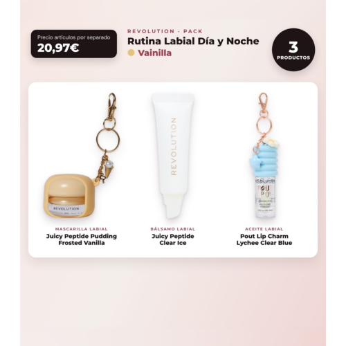 Makeup Revolution - Set de Mascarilla labial Juicy Peptide Pudding - Frosted Vanilla + Bálsamo labial Juicy Peptide - Clear Ice + Aceite labial Pout Lip Charm - Lychee Clear Blue