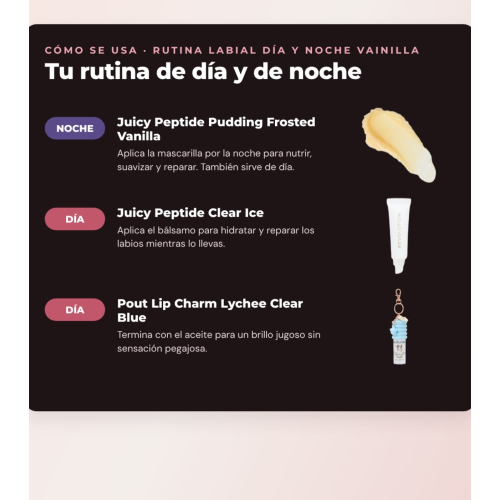 Makeup Revolution - Set de Mascarilla labial Juicy Peptide Pudding - Frosted Vanilla + Bálsamo labial Juicy Peptide - Clear Ice + Aceite labial Pout Lip Charm - Lychee Clear Blue