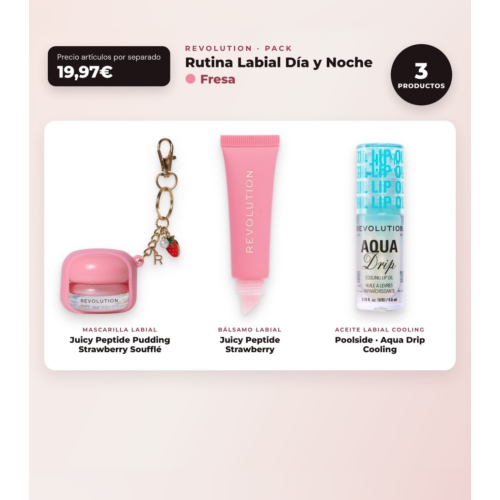 Makeup Revolution - Set de Masque à lèvres Juicy Peptide Pudding - Strawberry Soufflé + Baume à lèvres Juicy Peptide - Strawberry + Huile à lèvres Aqua Drip Cooling
