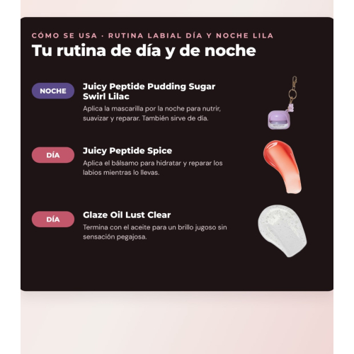 Makeup Revolution - Set de Mascarilla labial Juicy Peptide Pudding - Sugar Swirl Lilac + Bálsamo labial Juicy Peptide - Spice + Aceite pour lèvres Glaze Oil - Lust Clear
