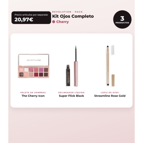 Makeup Revolution - Set de palette de fards à paupières The Cherry Icon + Eyeliner liquide Super Flick - Black + Crayon eyeliner Streamline Waterline Eyeliner Pencil - Rose Gold