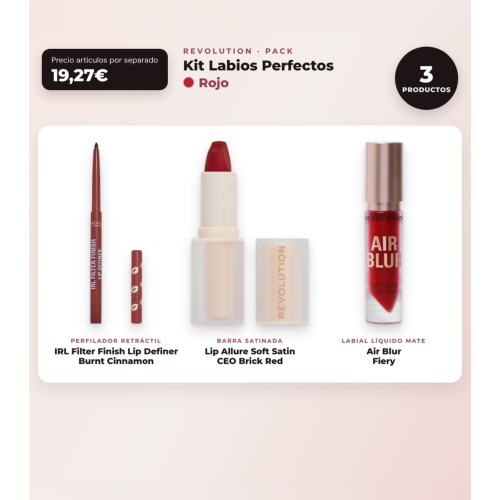 Makeup Revolution - Set de Profilage des lèvres IRL Filter Finish Lip Definer - Burnt Cinnamon + Rouge à lèvres satiné Lip Allure Soft Satin + Rouge à lèvres liquide mat Air Blur - Fiery