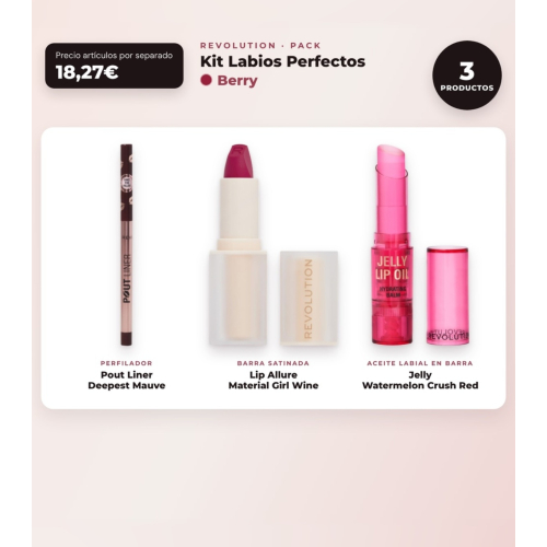 Makeup Revolution - Set de Profilage des lèvres Pout Liner - Deepest Mauve + Rouge à lèvres satiné Lip Allure - Material Girl Wine + Huile à lèvres en stick Jelly - Watermelon Crush Red