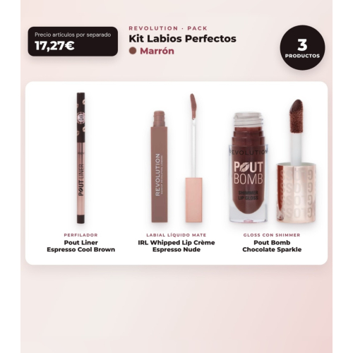 Makeup Revolution - Set de Profilage des lèvres Pout Liner - Espresso Cool Brown + Rouge à lèvres liquide IRL Whipped Lip Crème - Espresso Nude + Brillant à lèvres avec Shimmer Pout Bomb - Chocolate Sparkle