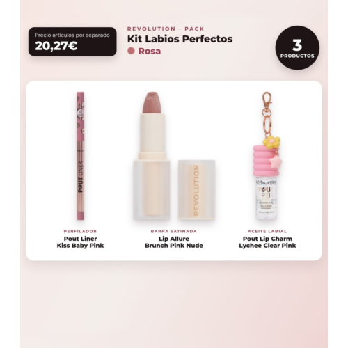 Makeup Revolution - Set de Profilage des lèvres Pout Liner - Kiss Baby Pink + Rouge à lèvres satiné Lip Allure - Brunch Pink Nude + Huile à lèvres Pout Lip Charm - Lychee Clear Pink