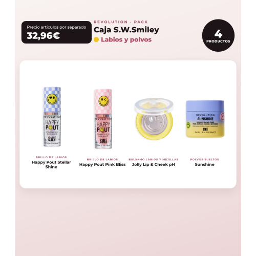 Makeup Revolution - Ensemble *S.W.Smiley* - Brillant à lèvres Stellar Shine + Brillant à lèvres Pink Bliss + Baume pour les lèvres et joues pH + Poudres libres Sunshine