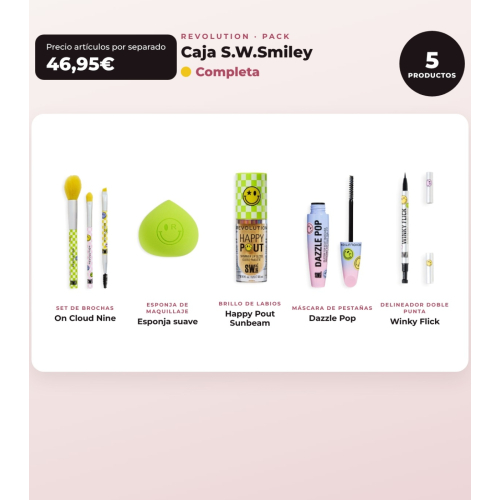 Makeup Revolution - Ensemble *S.W.Smiley* - Pinceaux On Cloud Nine + Éponge de maquillage douce + Brillant à lèvres Happy Pout + Mascara Dazzle Pop + Eyeliner Winky Flick Double-Ended