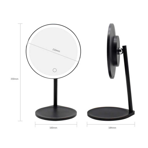 MQBeauty - Miroir de courtoisie noir rechargeable avec éclairage LED à intensité variable