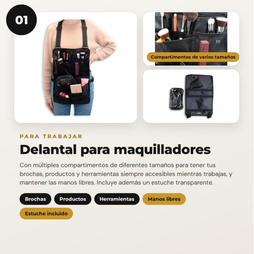 MQBeauty - Pack Maquilleur avec Tablier, Trousse Transparente de 24 Bouteilles et Sac pour Pinceaux pour Maquilleurs Professionnels et Étudiants