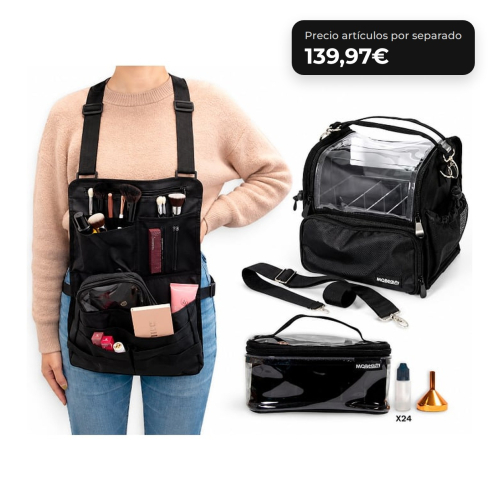 MQBeauty - Pack Maquilleur avec Tablier, Trousse Transparente de 24 Bouteilles et Sac pour Pinceaux pour Maquilleurs Professionnels et Étudiants