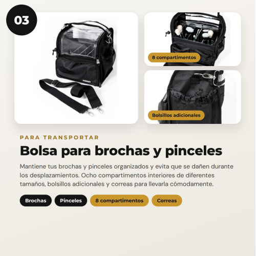 MQBeauty - Pack Maquilleur avec Tablier, Trousse Transparente de 24 Bouteilles et Sac pour Pinceaux pour Maquilleurs Professionnels et Étudiants