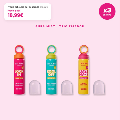 Trouble Maker - Pack 3 Brumas Fijadoras de Maquillage Lock In, Kool Off et SPF50 Raye Daze