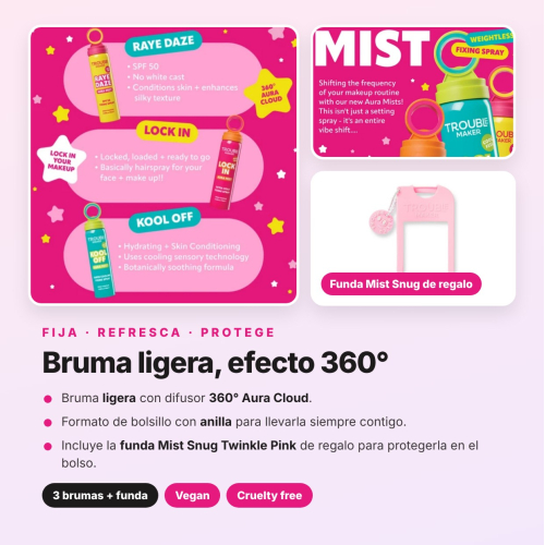 Trouble Maker - Pack 3 Brumas Fijadoras de Maquillage Lock In, Kool Off et SPF50 Raye Daze